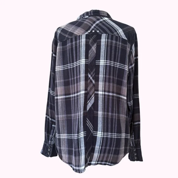 Free People Wesley Plaid Linen Blend Black Gray Sz M - Picture 4 of 9